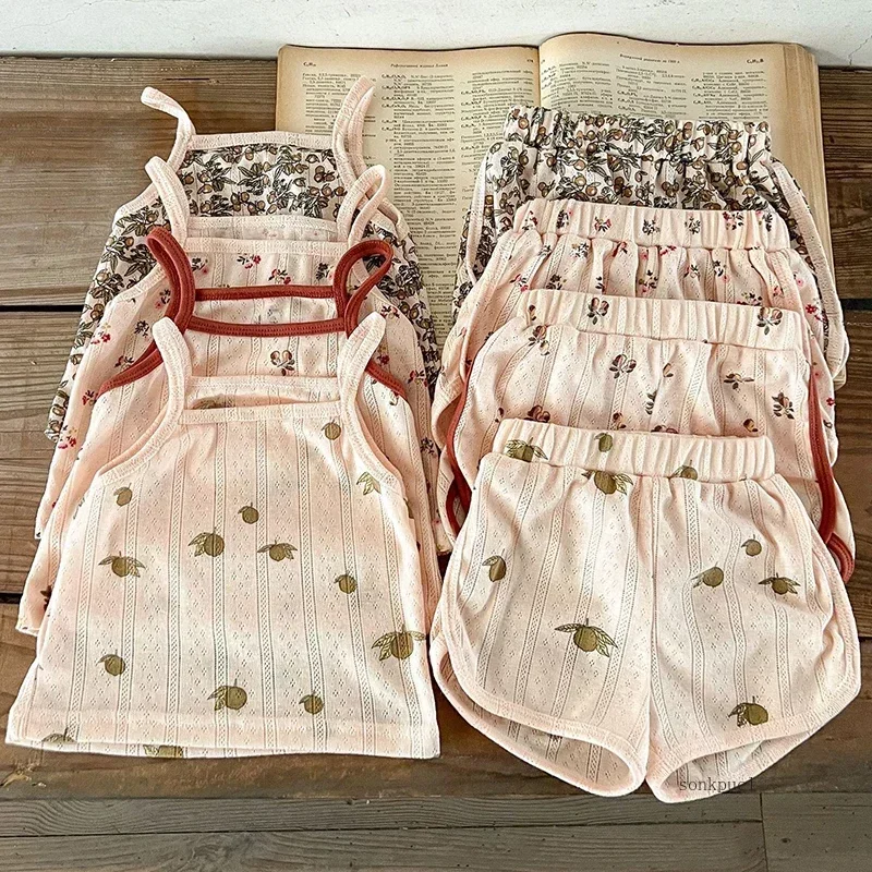 Baby Clothes Sets Summer Toddler Girl Strap Suits Cotton Printing Baby Boy Tops Tee and Shorts Infant Tracksuit Newborn Sets