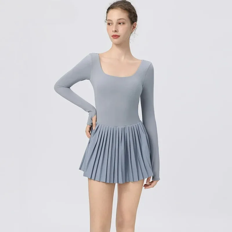 Women'S Golf Wear Long-Sleeved Tennis Dress Fitness Yoga Running Quick Dry Pleated Outdoor Dress With Chest Pad And Shorts