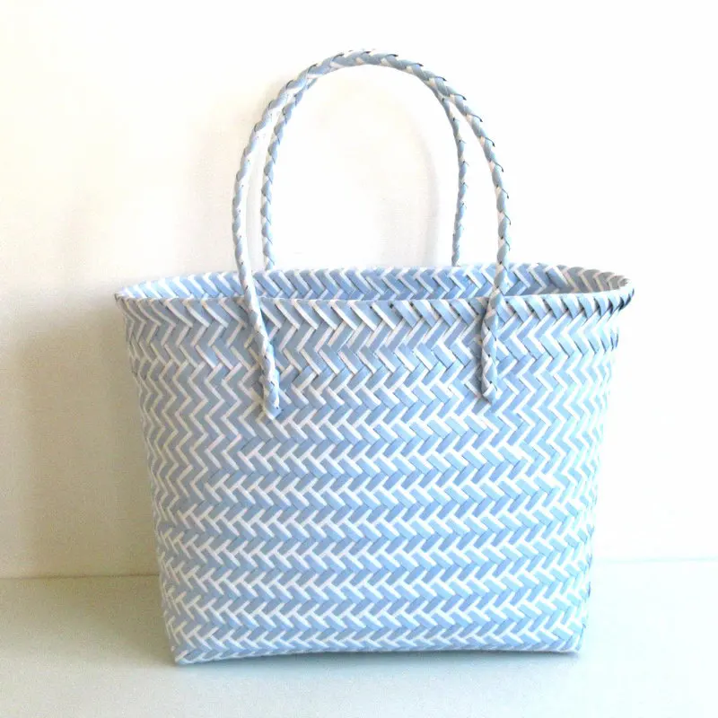 New Woven Tote Vegetable Basket Bag Stripe Color Blocking Beach Bag Fashion Women\'s Bag