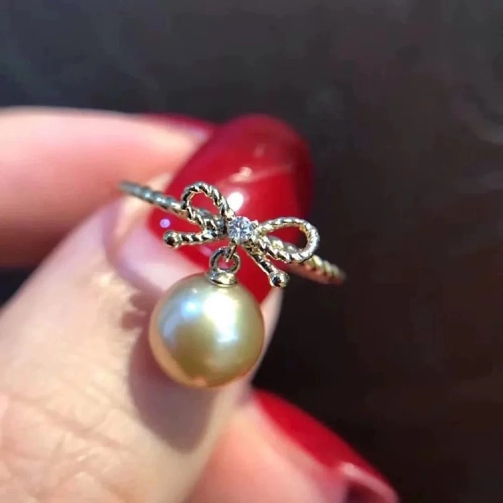 S925 pure silver small fresh bow style adjustable opening ring AAAA8-9mm natural pear South China Seal ring