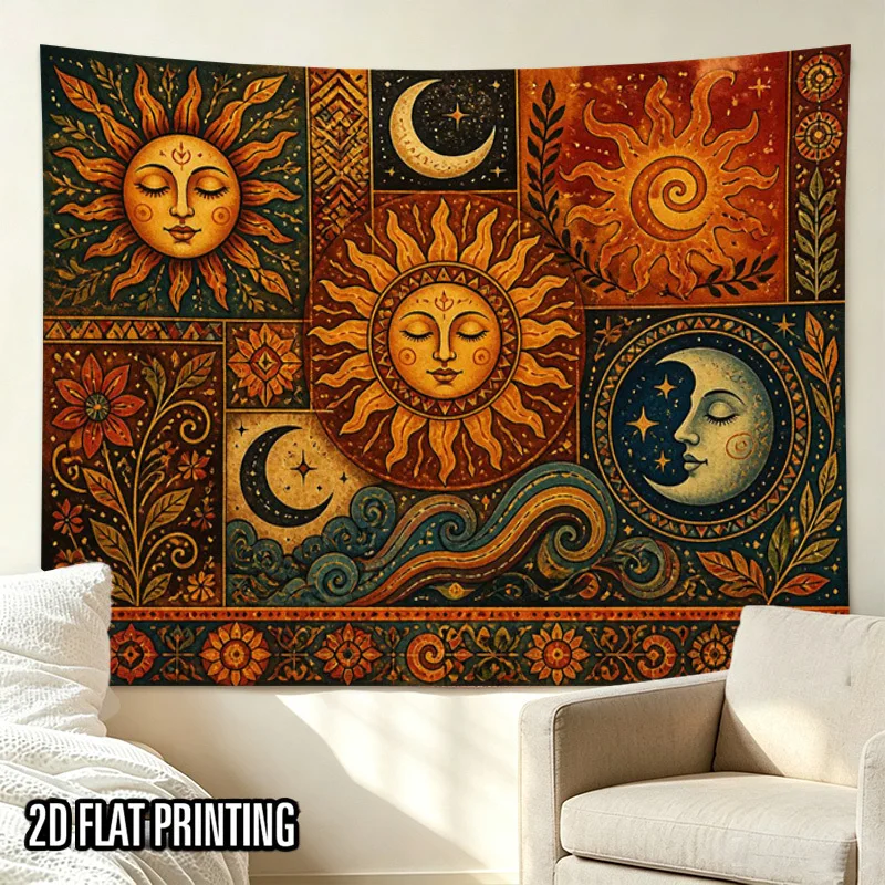 Boho Sun Moon Tapestry, Vintage Celestial Floral Patchwork Wall Hanging, Mystic Tapestry for Bedroom Living Room Dorm Home Decor