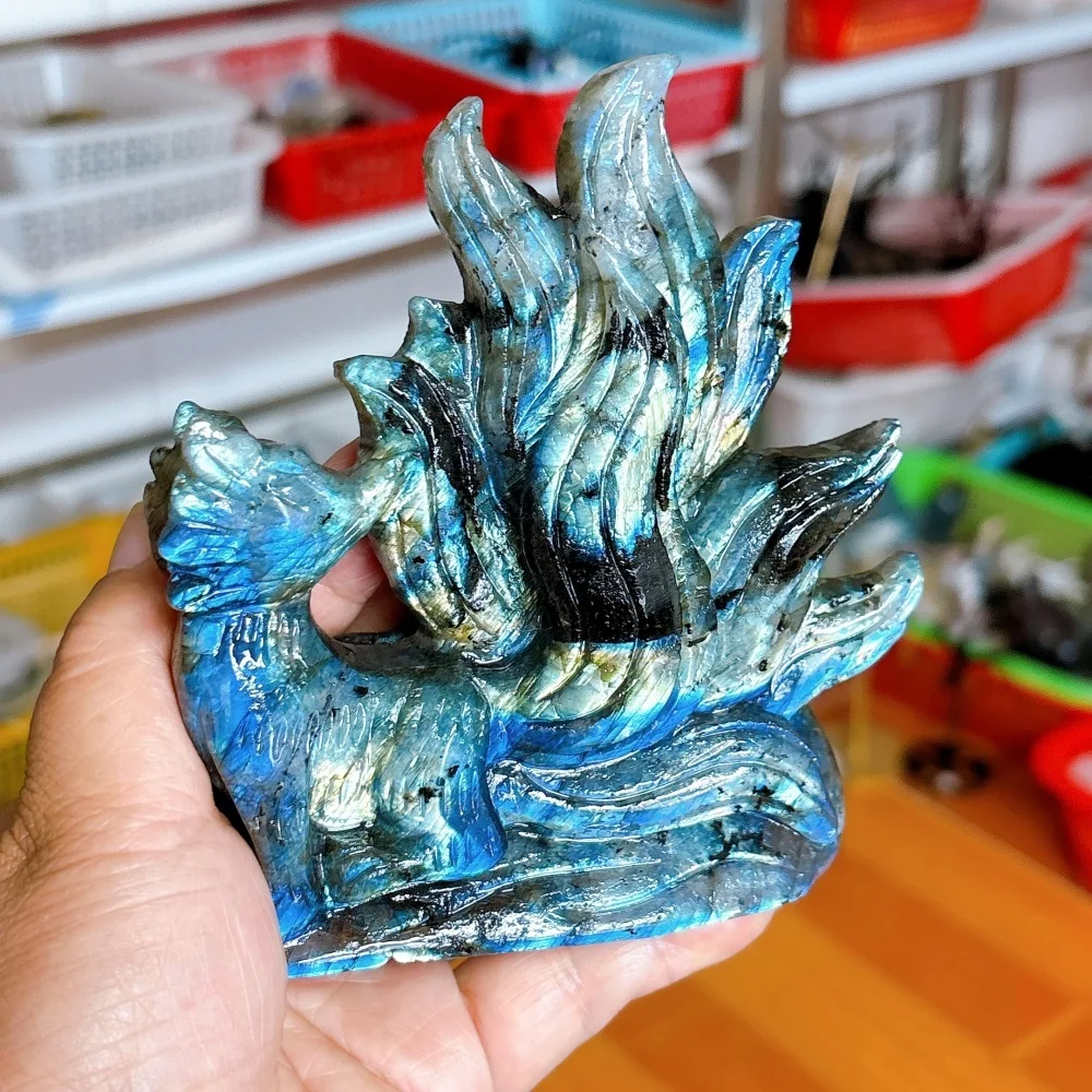 Natural Blue Flash Labradorite Nine Tailed Fox Carving Crystal Fox Statue Gemstone Animal Figurine Healing Stone Decor