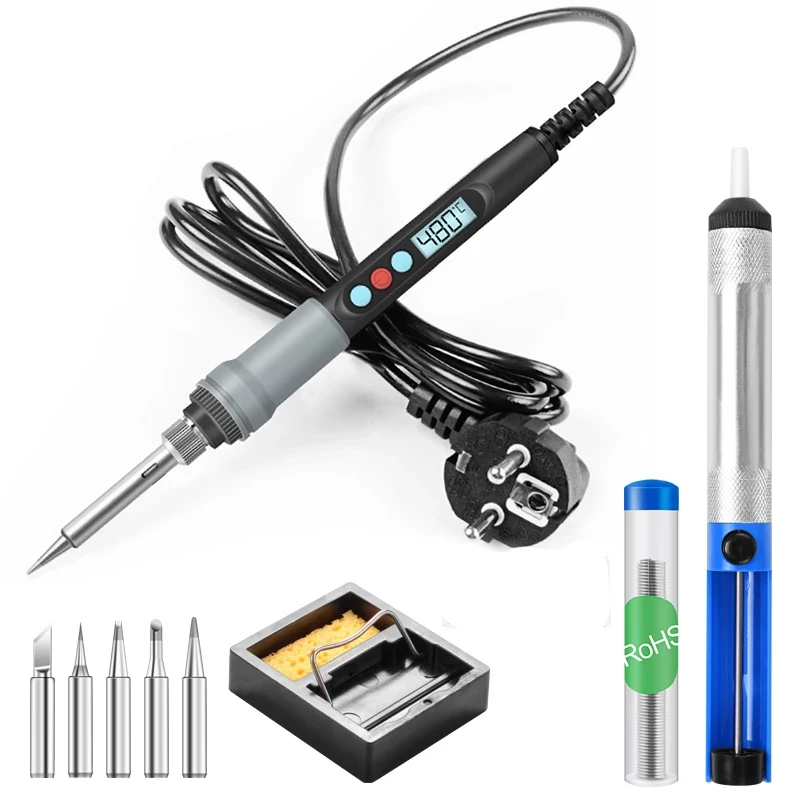 

110V/220V 90W Digital Electric Soldering Iron Kit Set Adjustable Temperature Ceramic Heater Solder Iron With Solder Wire 5 Tips