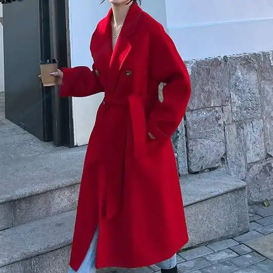 

Двустороннее пальто из мохера East Gate Battle Robe, красное, женское, шерстяное, длинное, зимнее, модная женская одежда