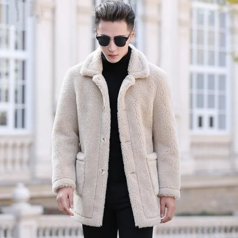 Sheep Cut Plush Coat Men Autumn Winter Medium Long Style Lamb Fur Integrated Faux Leather Exquisite warmth Fashion Jacket C35