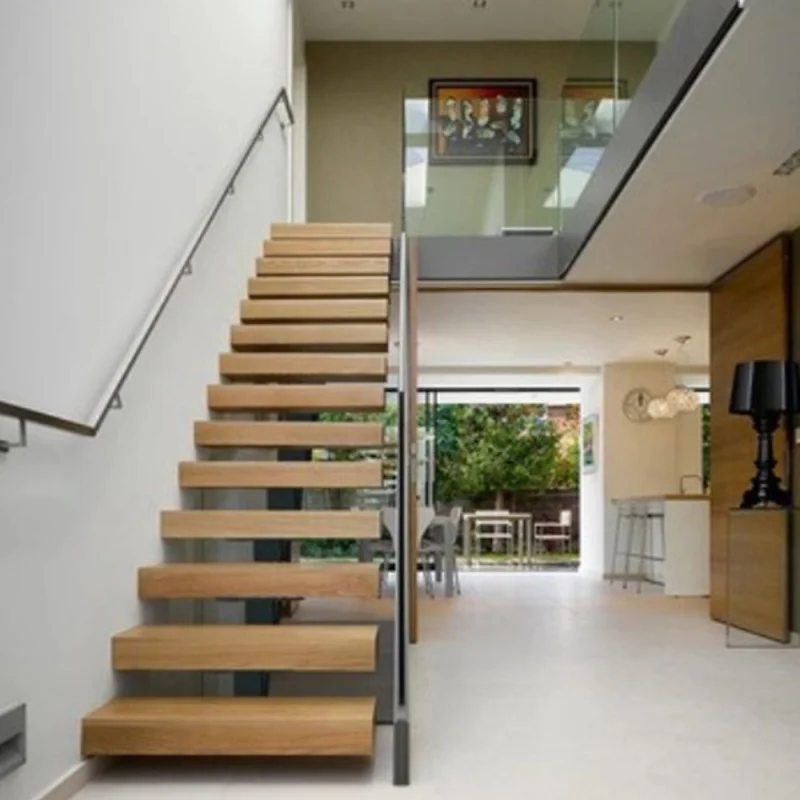 custom.CBMMart Indoor Stairs Single Beam Straight Floating Stairs With Solid Wood Steps Metal Wooden Staircase