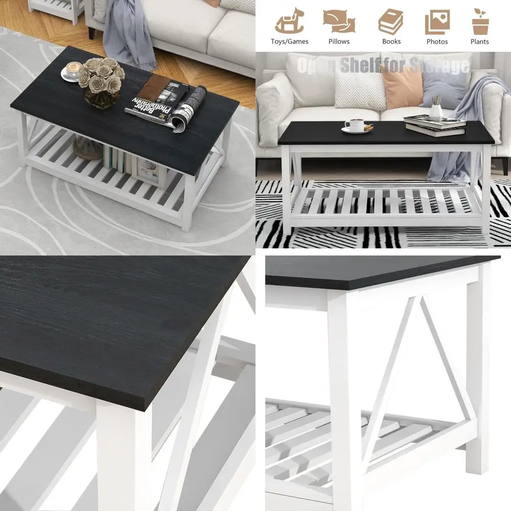 

Modern Rectangular 2-Tier Oak Coffee Table with Slat Shelf and V-Frame for Living Room in Black and White