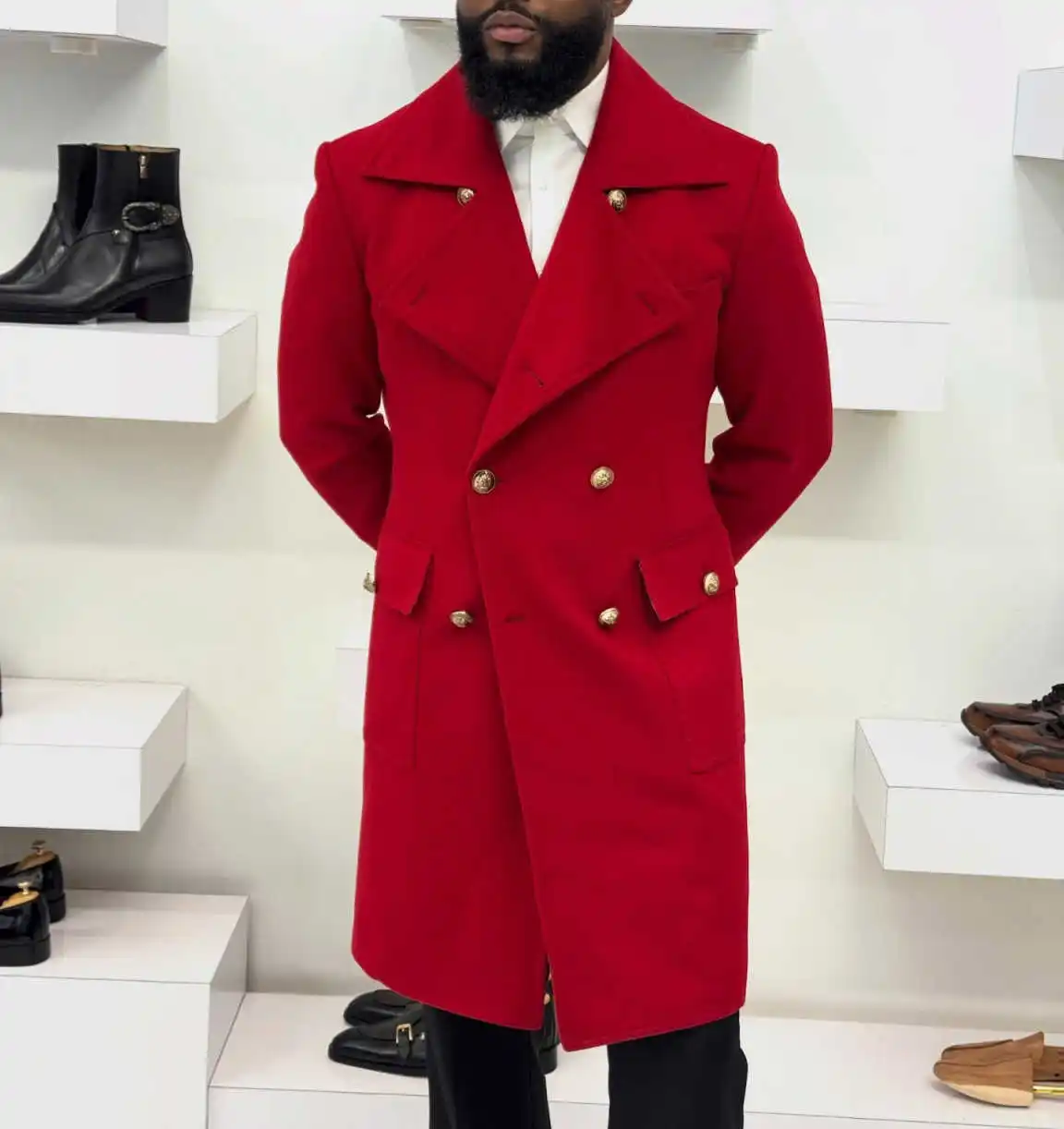 Cappotto lungo da uomo in misto lana bello con risvolto dentellato doppio petto smoking da sposo personalizzato in un unico pezzo