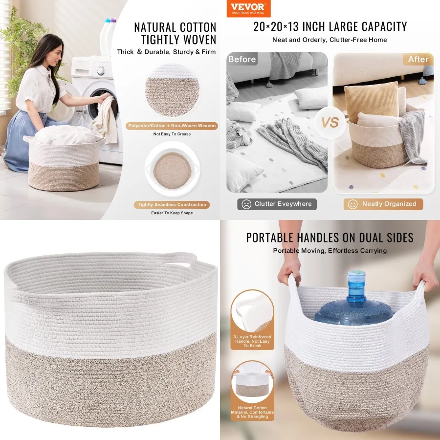 

VEVOR Cotton Rope Storage Basket 67L Woven Blanket Basket 20 x 20 x 13 in