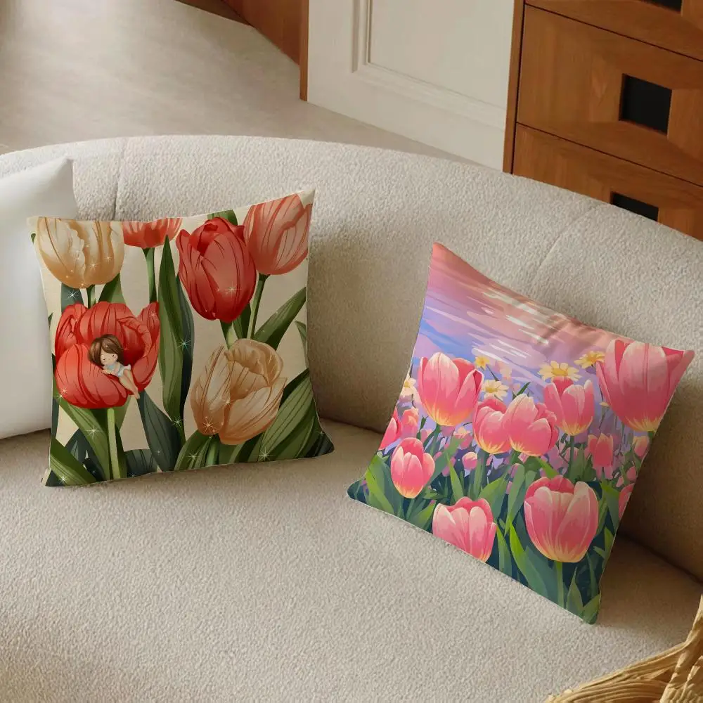 Elegant Noble Vibrant Vitality Tulip Cushion Cover Sofa Home Decor Living Room Accessory Holiday House Cushion Shell
