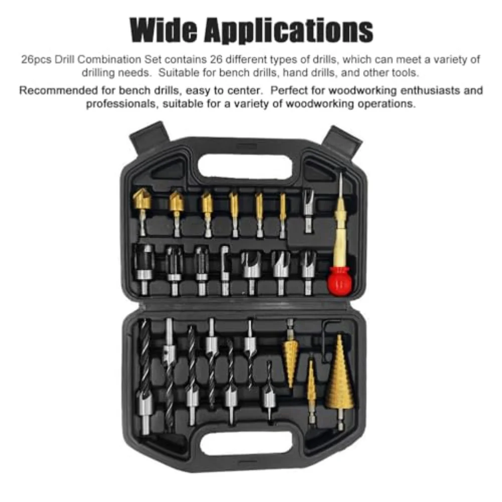/26 /Piece /HSS Drill Bit Set With Center Punch Locator Step Pyramid Countersink Chamfer Bits For Wood Metal Leather Working Too