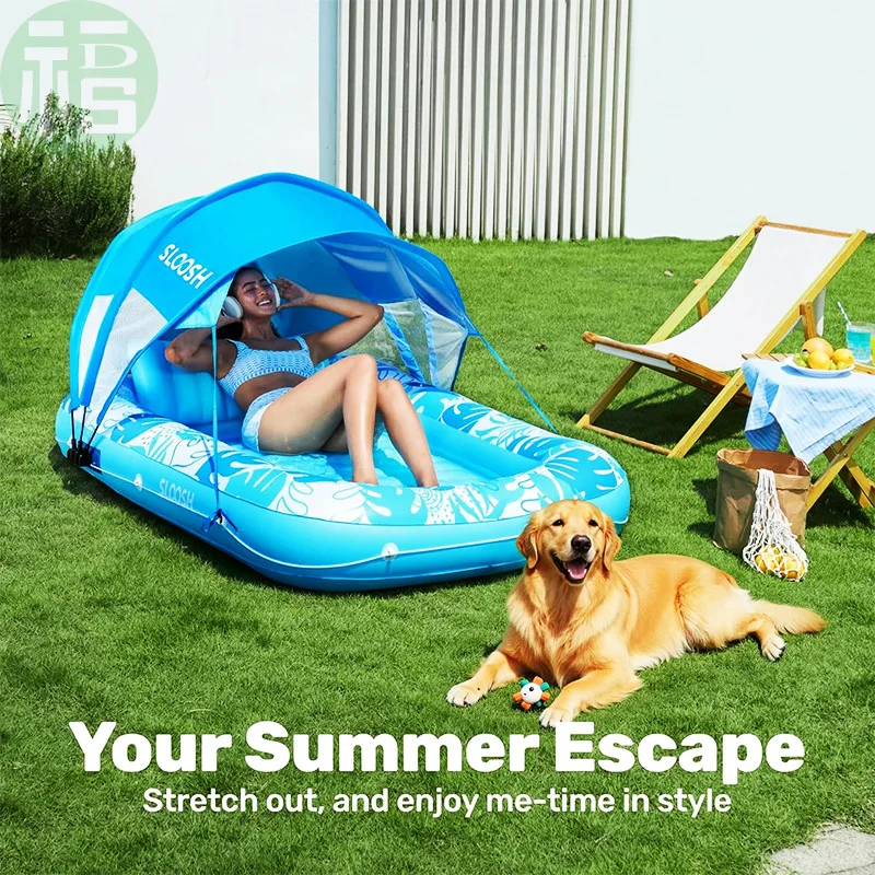 Outdoor inflatable floating bed with awning pool lounge chair adult water floating row sun protection  portable folding view 4