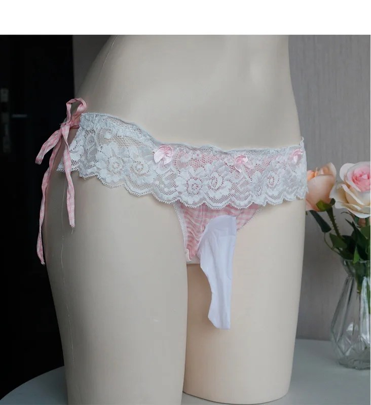 Ice Silk Lolita Lace Mens Briefs Maid Cosplay Japanese JK Sissy Pouch Panties Crossdress Underpant Cute Bowknot Student Lingerie