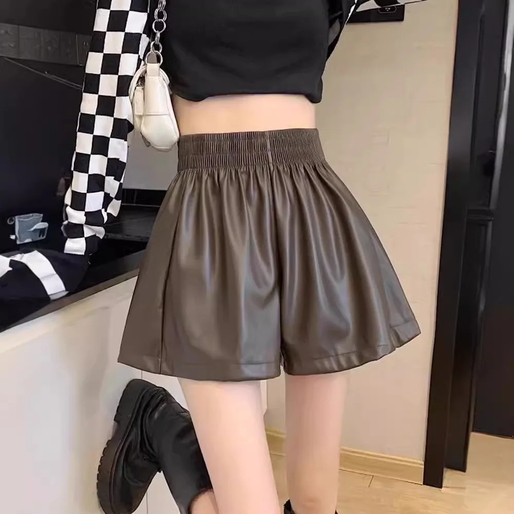 Bla PU レザーハイウエストワイドレッグパンツ女性のカジュアル Sle ort orts 秋冬ファイオン痩身 A ラインスキニー