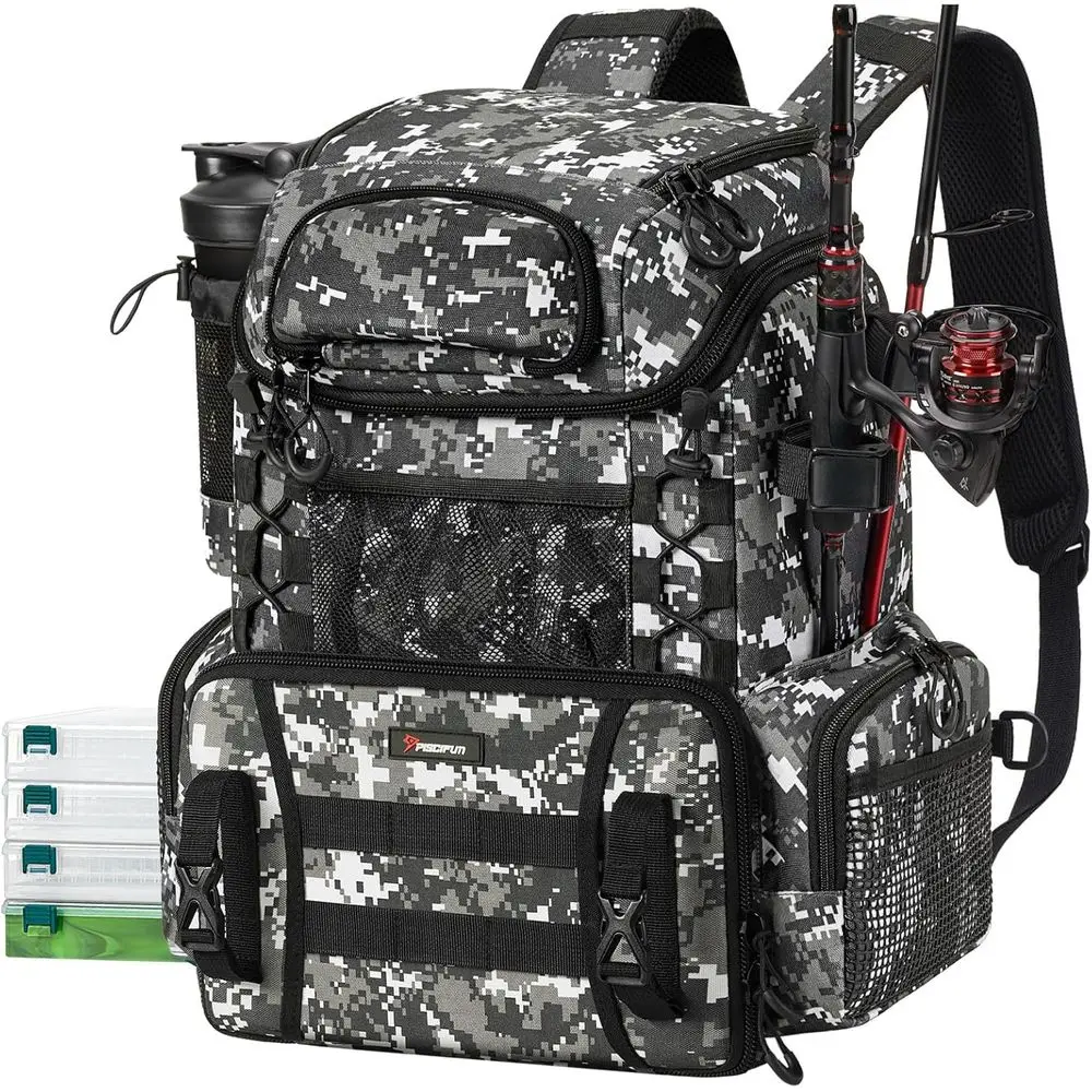 

42L Piscifun Fishing Backpack with Rod Holders, Waterproof Cover & 4 Tackle Boxes for Outdoor Adventures