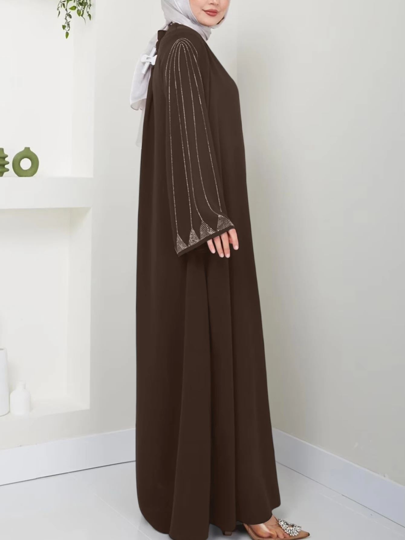 Muslim Fashion Women\'s Hot Diamond Long Sleeve Loose Coffee Style Elegant Dress