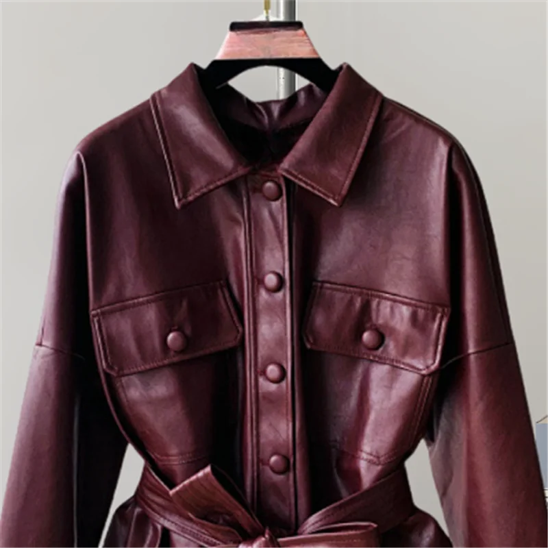 Mid-length Women Faux PU Leather Jacket With Belt Black Wine Red Casual Lapel Single-breasted Long Sleeve Fake Leather Jacket