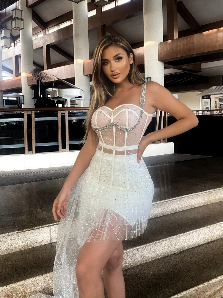 Summer White Diamond-Embedded Two Piece Set Women Strap Lace Mesh Sequins Top+ Mini Draped Skirt Set Nightclub Party Outfits