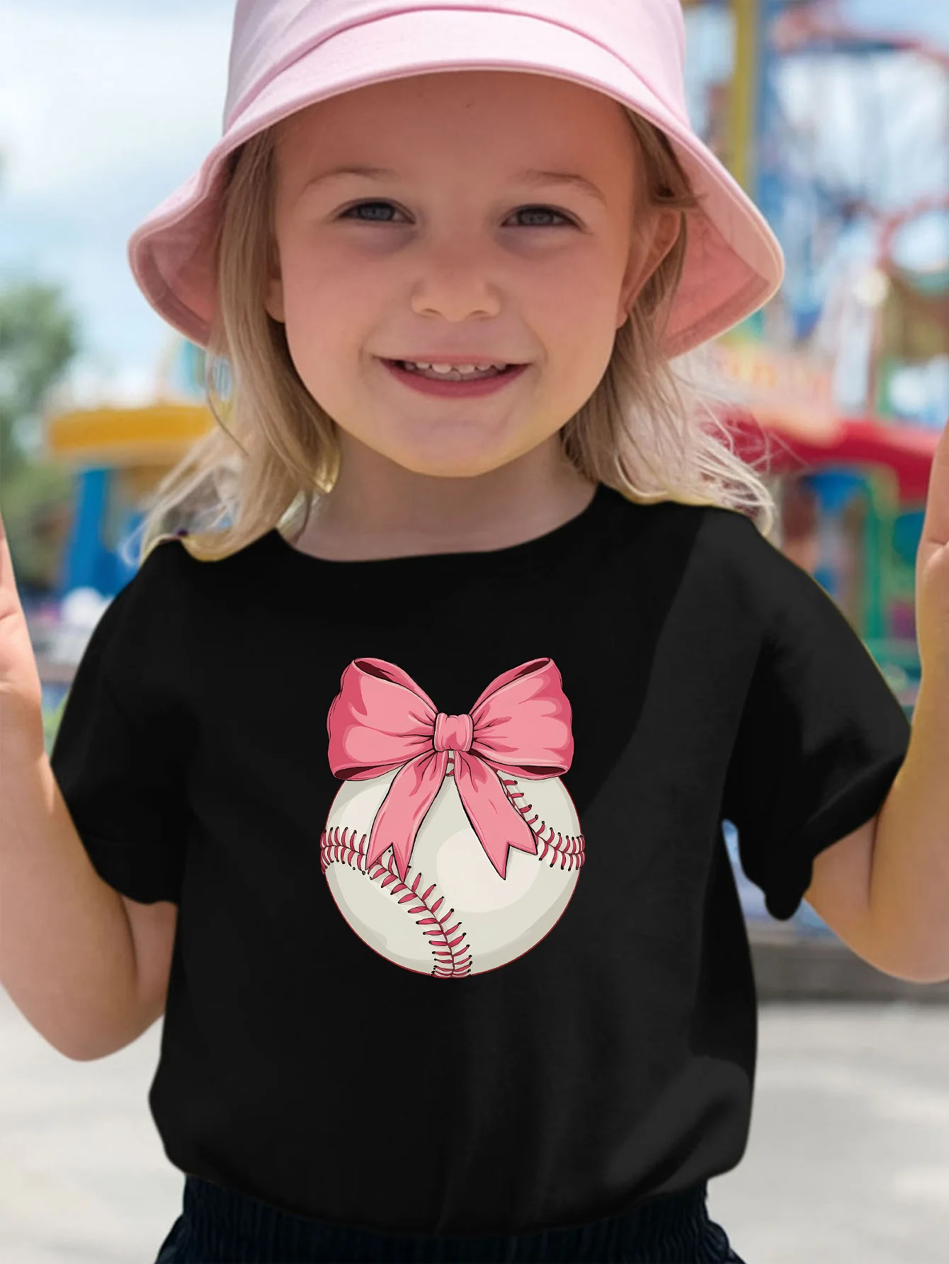 Cute Baseball With Pink Bow Lovely Girly Print Kids Tee Boys Girls Cotton Summer Soft Casual Unisex Kids Short Sleeve Shirts