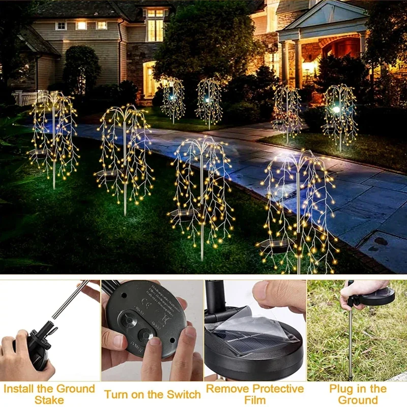 1-6 Pcs Solar Garden Lights LED Willow Tree Light Outdoor Waterproof Copper Wire Lawn Lamp DIY Firework Lamps Pathway Christmas