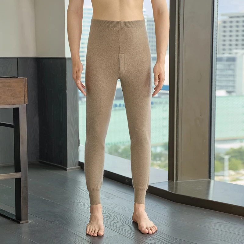 Autumn Winter 100% Cashmere Knitted Base Layer Pants Soft Comfortable Solid Color Warm Pants Skin-Friendly Men's Thermal Pants