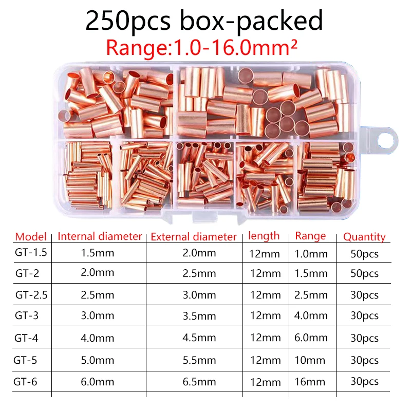 250pcs GT Copper Connecting Pipe Wire Joint Small Copper Tube Terminal Cable Lug Bootlace Ferrule Kit with Crimping Pliers