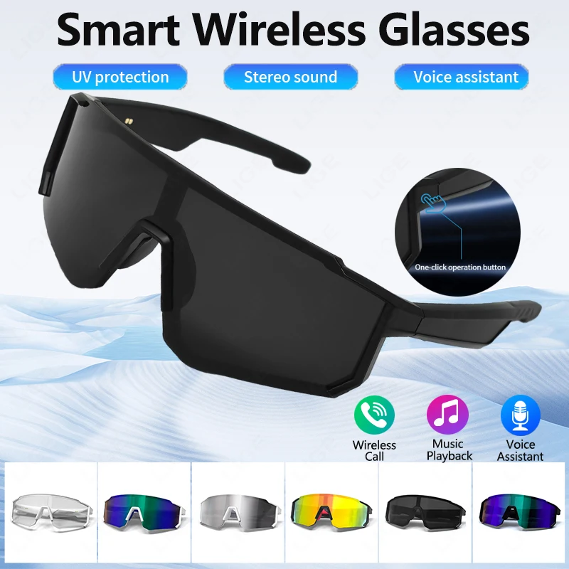 

Умные беспроводные велосипедные очки LIGE для мужчин и женщин, голосовой помощник с искусственным интеллектом, спортивные очки для воспроизведения музыки, устойчивые к ультрафиолету уличные солнцезащитные очки