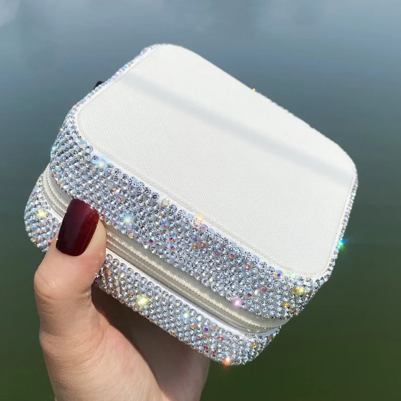 Luxury-Style Square Jewelry Box with Artificial Set Diamonds - Multi-functional Storage Box for Necklaces, Earrings and Rings