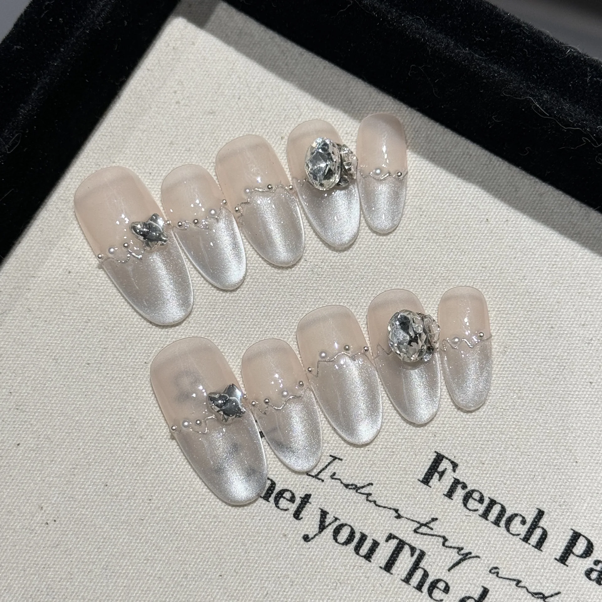 Handmade Press on Nails Aurora Blue French Pearl Crystal Fake Nails Wearable Full Cover Almond Sweet Pink Blush False Nails