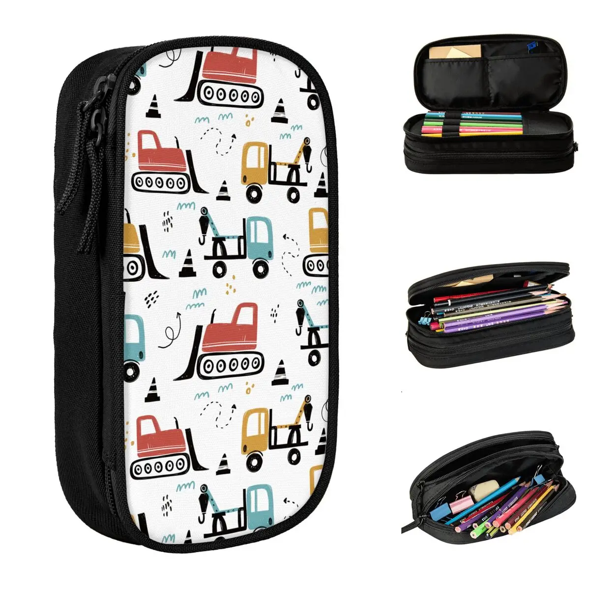 Construction Cartoon Pencil Case Excavators Trucks Scandinavian Style Pen Holder Bag Student Big Capacity Cosmetic Pencil Pouch