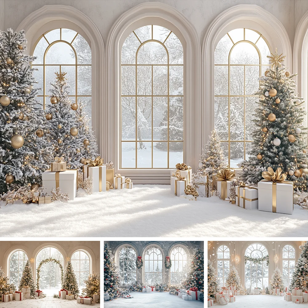 

White Christmas Palace Window Background Xmas Tree Lanterns Snowy Scenery Backdrop Decor Wedding Birthday Party Photo Studio