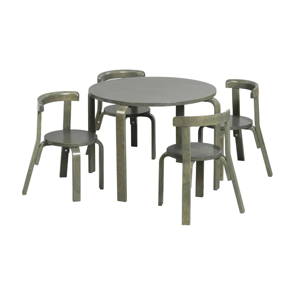 

Bentwood Round Table and Curved Back Chair Set, Kids Furniture, Grey Wash, 5-Piece
