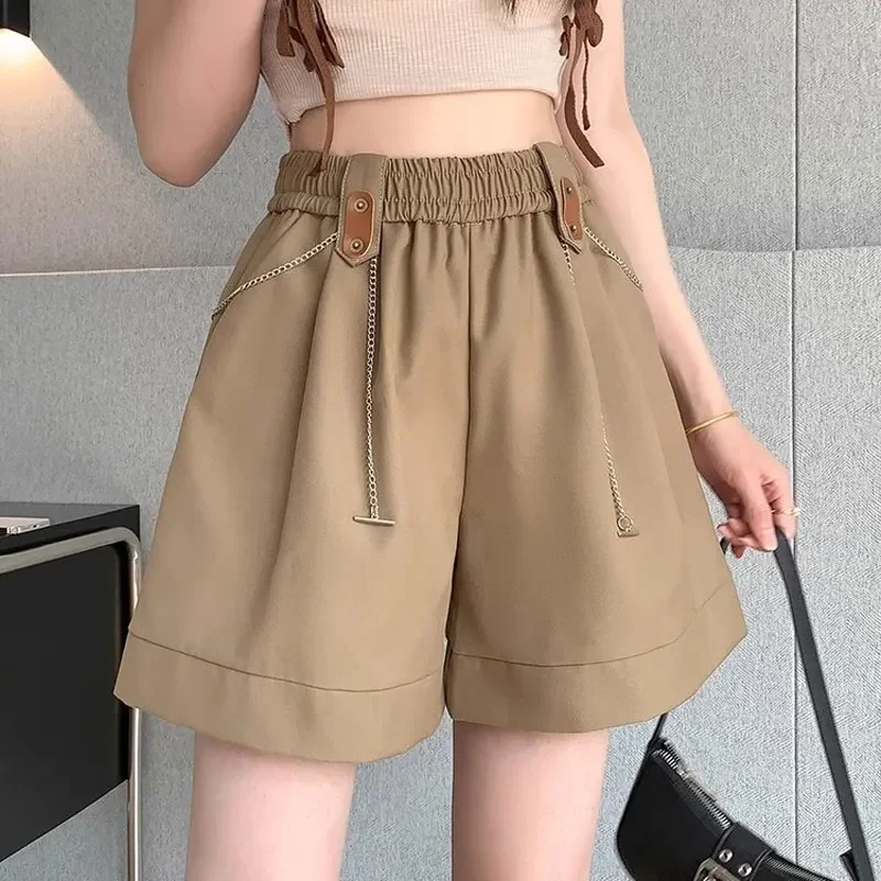 Women's Clothing Fashion Spliced Chain Solid Color Loose Shorts Basic Wide Leg A-Line Casual Shorts Summer High Waist Elastic