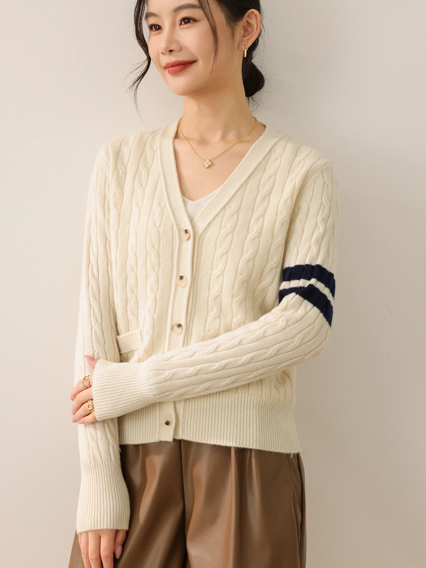 100% Merino Wool Women's V-Neck Cardigan Cross Twisted Color Bar Long Sleeve Sweater Color Blocking Loose Casual Buttoned Polo