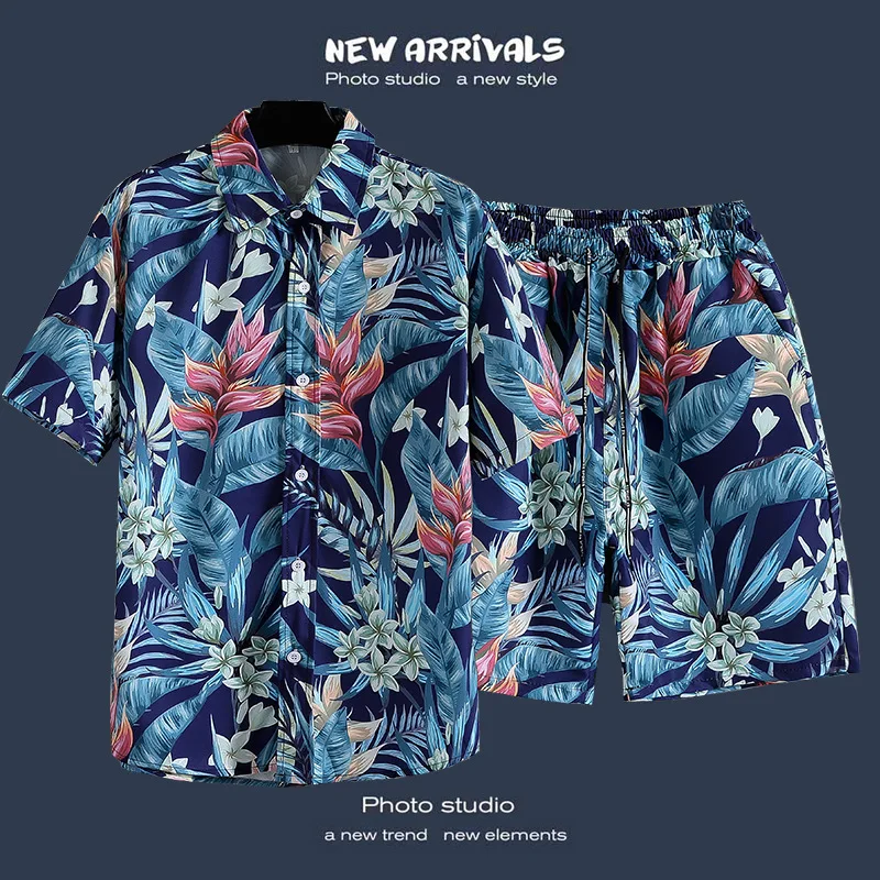 43/5000 2024 New vintage men\'s Shirt set Summer Beach Short sleeve shirt Shorts Casual Travel Men\'s Hawaii 2-piece suit M-5XL