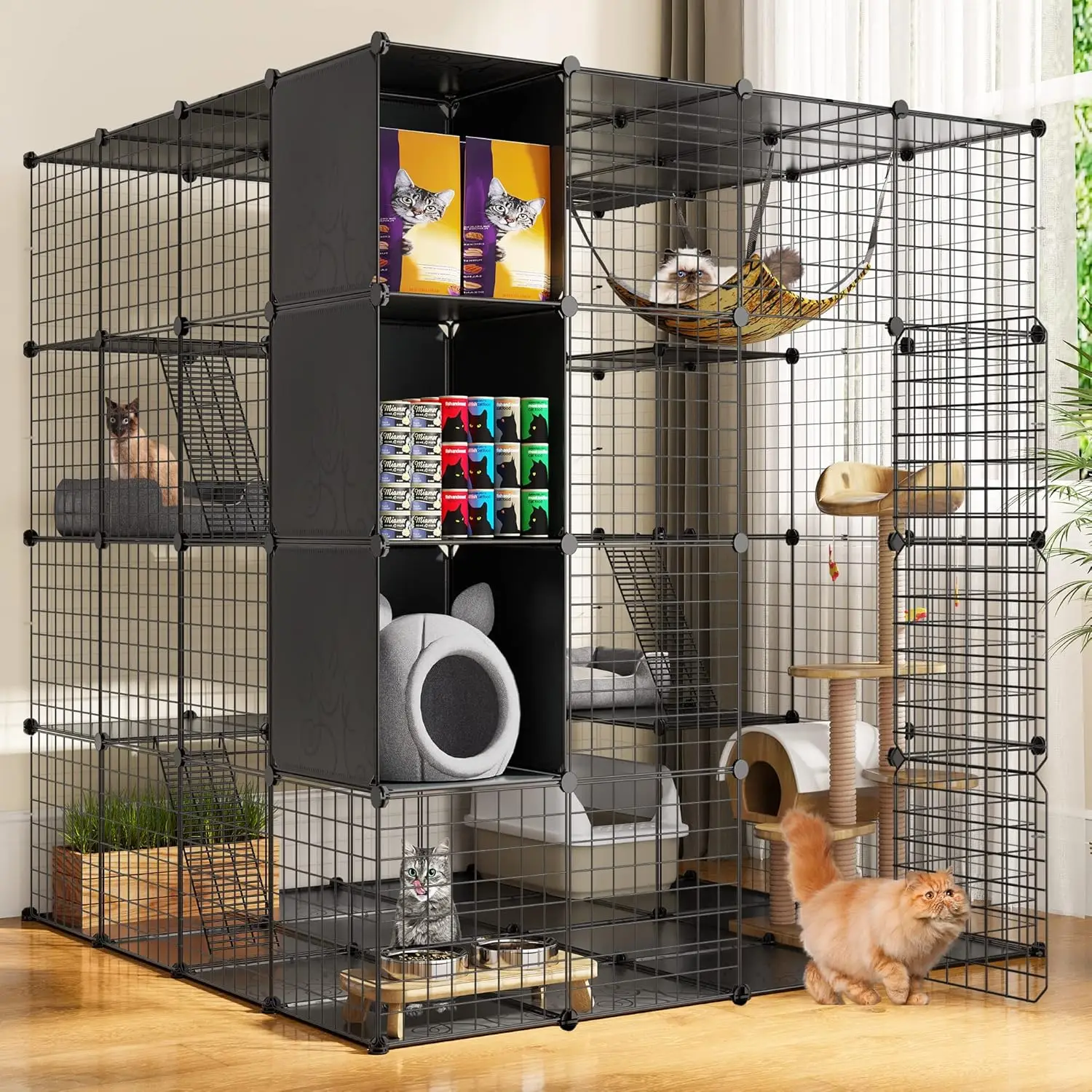 

Large Cat Cage with Storage Cube DIY Indoor Catio Cat Enclosures Metal Cat Playpen with Large Hammock for 1-4 Cats