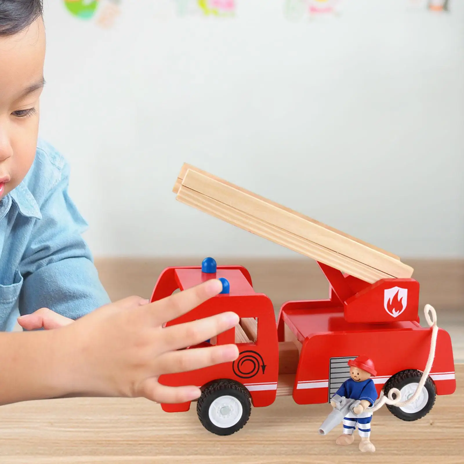 Wooden Fire Truck Toy Fine Motor Skills Educational Movement Simulation with Play Figure Wood Fire Engine Toy Pretend Play