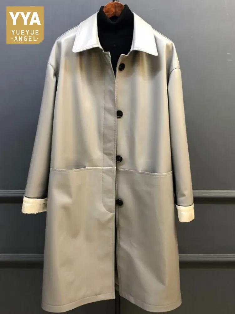 Koreanischen Stil Damen Echtes Leder Einreiher Einfarbig Trenchcoat Revers Lange Ärmel Freizeit Lose Schaffell Jacke