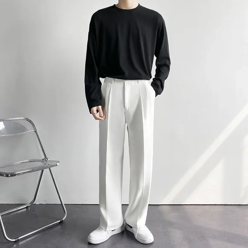 2024 New Men White Straight Pants Fashion Korean Loose Suit Trousers Casual Draped Baggy White Wide Pant Male Streetwear