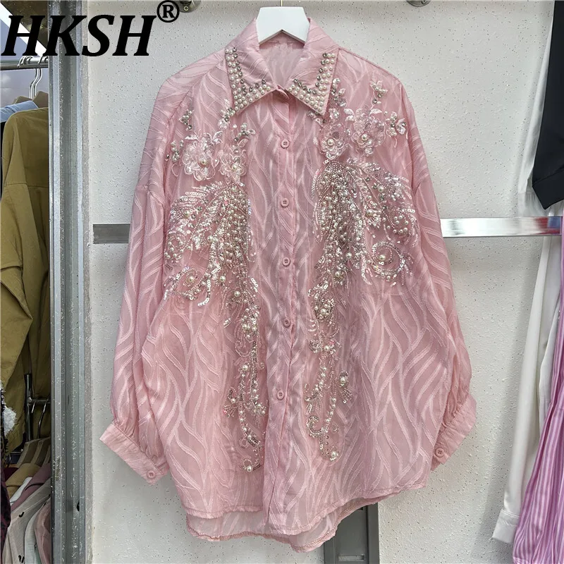 

HKSH Autumn New Women Tide Shirt Single Breasted Long Sleeve Beaded Sequins Diamonds High Street Luxury Elegant Chic Tops HK9480