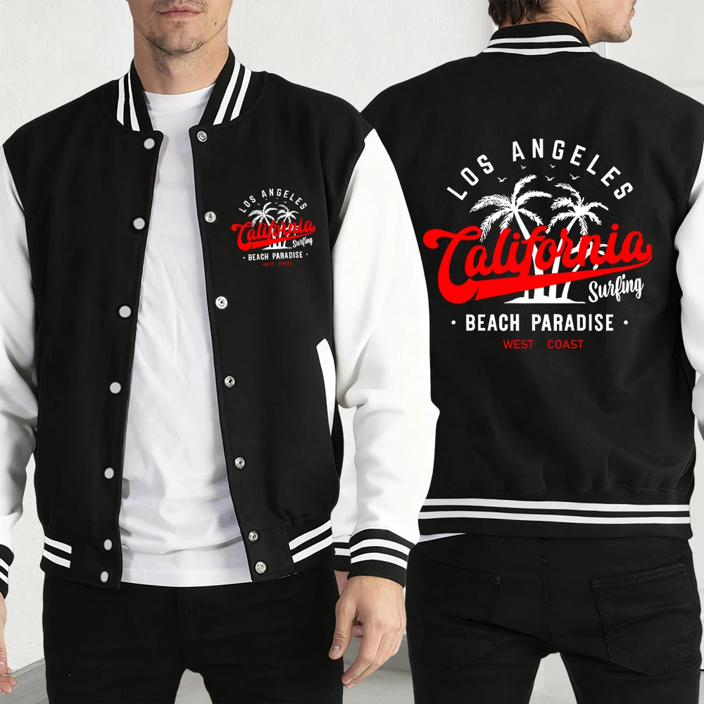 

California Beach Paradise West Coast Print Jackets Men Autumn Warm Menswear Fleece Pullover Clothes Pocket Loose Retro Menwear