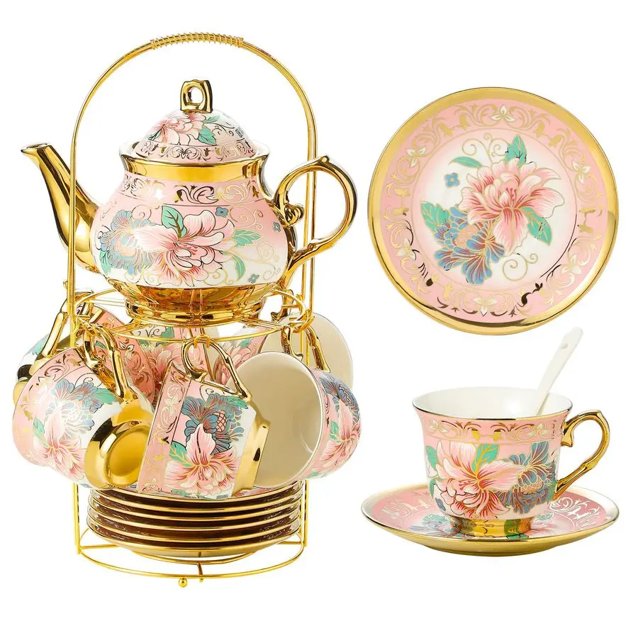 

Pieces Porcelain Tea Set With Metal Holder, European Ceramic tea set for adults,Flower Tea Set,Tea Set For Women With Flower Pai