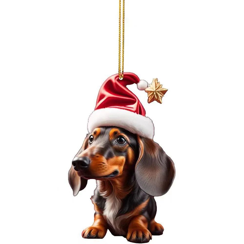 Christmas Cartoon Dog Ornaments Fun Dachshund Dogs Hanging Decoration Acrylic Charm Dog Ornaments Home Car Interior Decor New ﻿