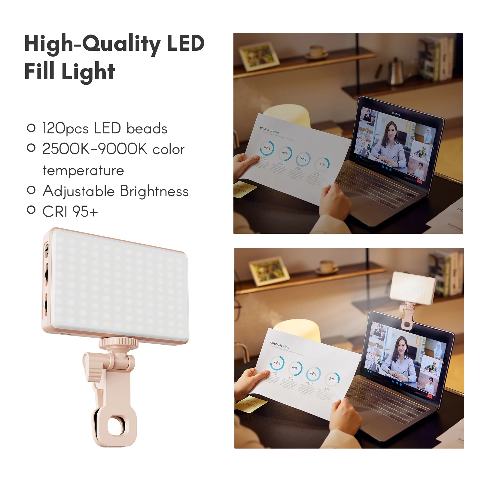 Pocket Clip-on LED Video Light Computer Tablet Mobile Phone Video Conference Light 2500-9000K Dimmable for Live Streaming Selfie