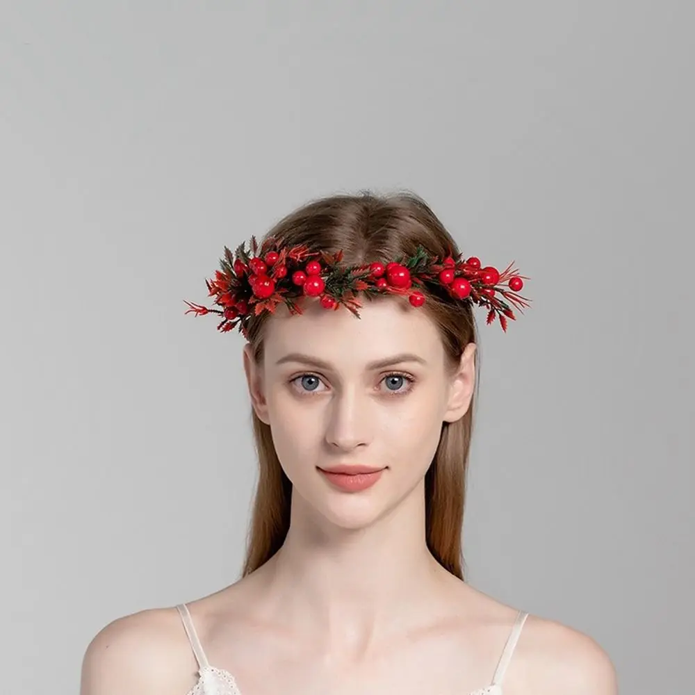 

For Girls Rose Flower Wedding Party Hairband Cloth Wreath Decoration Women Headwear Red Berry Garland Crown Flower Headband