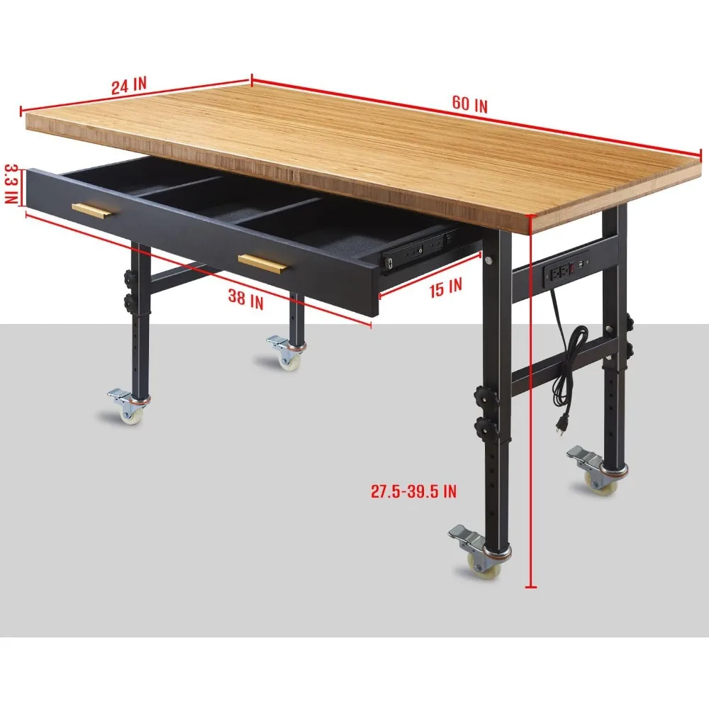 60" Adjustable Work Bench with Drawer Storage, Power Outlet, and Wheels Heavy Duty Work Table for Home, Garage, and Office