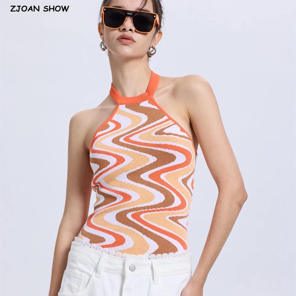 

3 colors 90'S Vintage Wave Striped Ribbed Knitting Halter Bodysuit Woman Tank Short Jumpsuit Slim Waist Rompers Playsuits