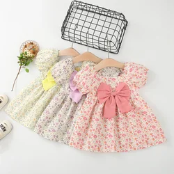 Summer New Girls Dress Bubble Sleeve Holiday Style Casual Sweet Princess Dress Chest Bow Floral Pattern Birthday Party Dress