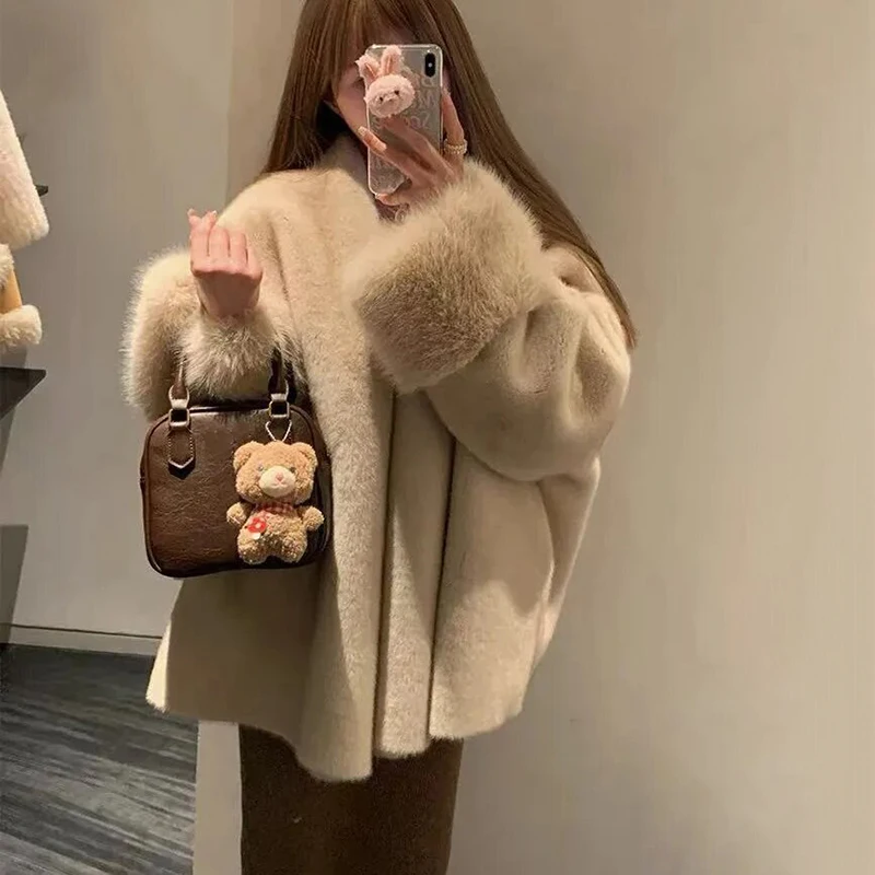 Elegant Women Open Front Faux Mink Fur Coat V‑neck Oversized Loose Fluffy Plush Jacket Wide Cuff Warm Casual Furry Outerwear