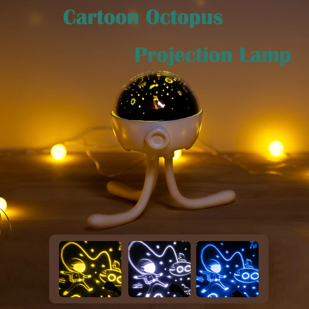 3 Color LED Nightlight Rechargeable Cartoon Octopus Projection Light Home Decor 3 Patterns Ambience Lamp Gift for Children